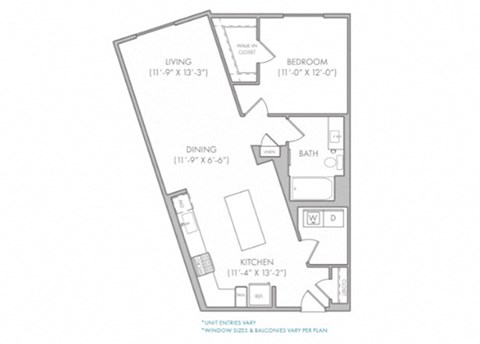 Floor plan for 1 bed, 1 bath, 890 sqft
