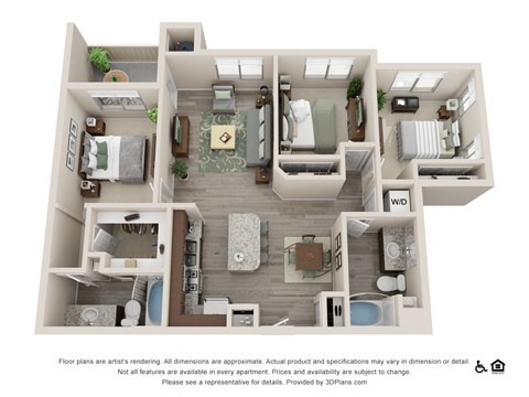 Floor plan for 3 beds, 2 baths, 1335 sqft