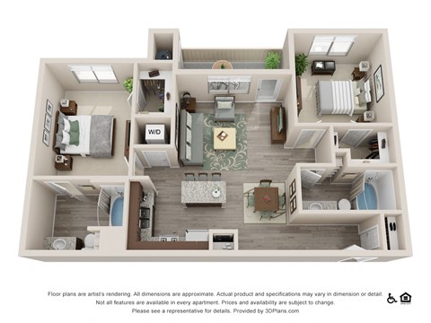 Floor plan for 2 beds, 2 baths, 1033 sqft