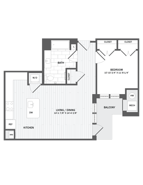 Floor plan for 1 bed, 1 bath, 768 sqft