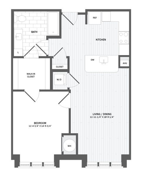 Floor plan for 1 bed, 1 bath, 759 sqft