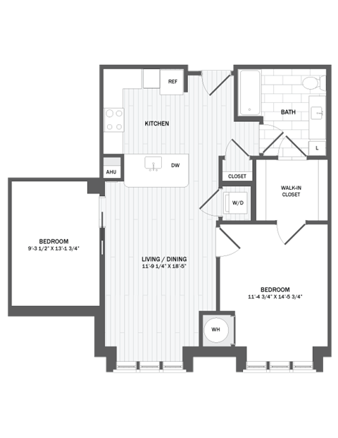 Floor plan for 1 bed, 1 bath, 913 sqft