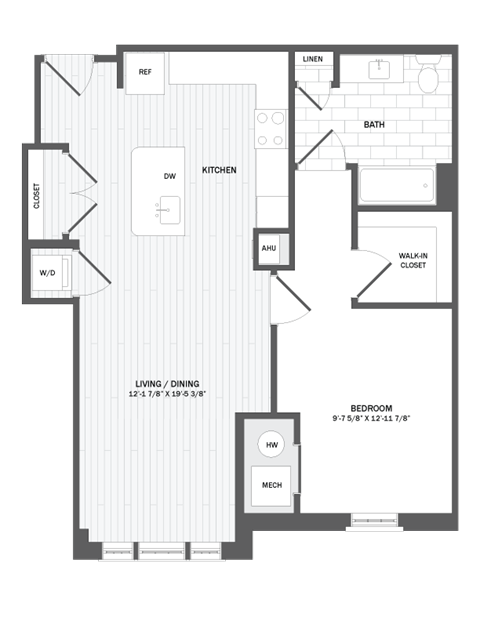 Floor plan for 1 bed, 1 bath, 795 sqft