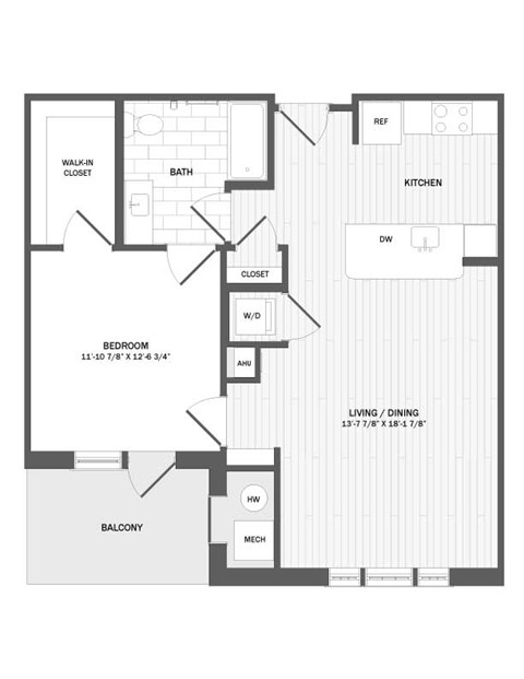 Floor plan for 1 bed, 1 bath, 813 sqft