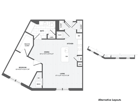 Floor plan for 1 bed, 1 bath, 865 sqft