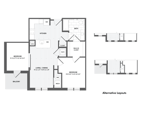 Floor plan for 1 bed, 1 bath, 859 sqft