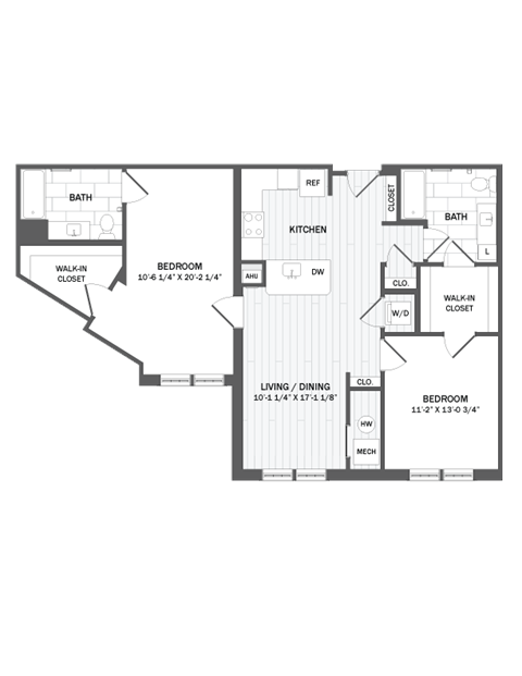 Floor plan for 2 beds, 2 baths, 1171 sqft