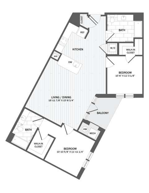 Floor plan for 2 beds, 2 baths, 1137 sqft