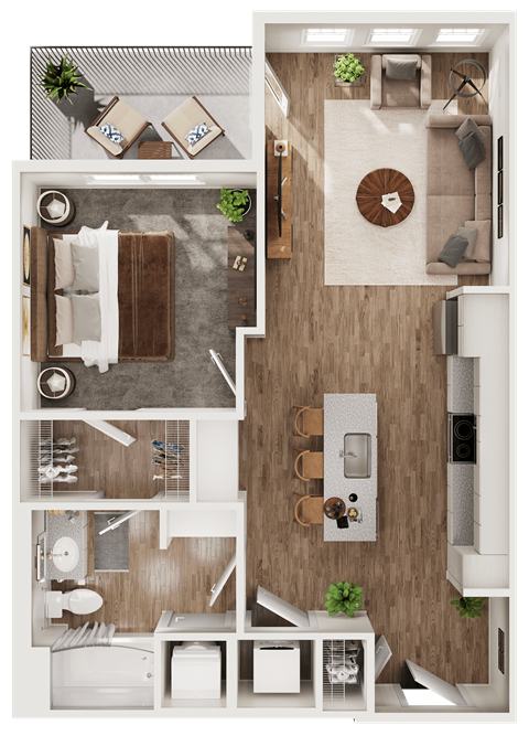 Floor plan for 1 bed, 1 bath, 726 sqft