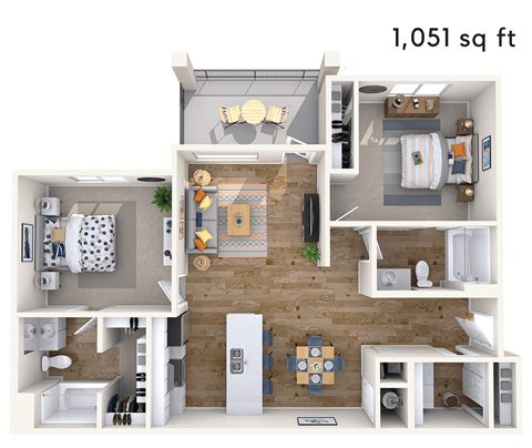 Floor plan for 2 beds, 2 baths, 1051 sqft