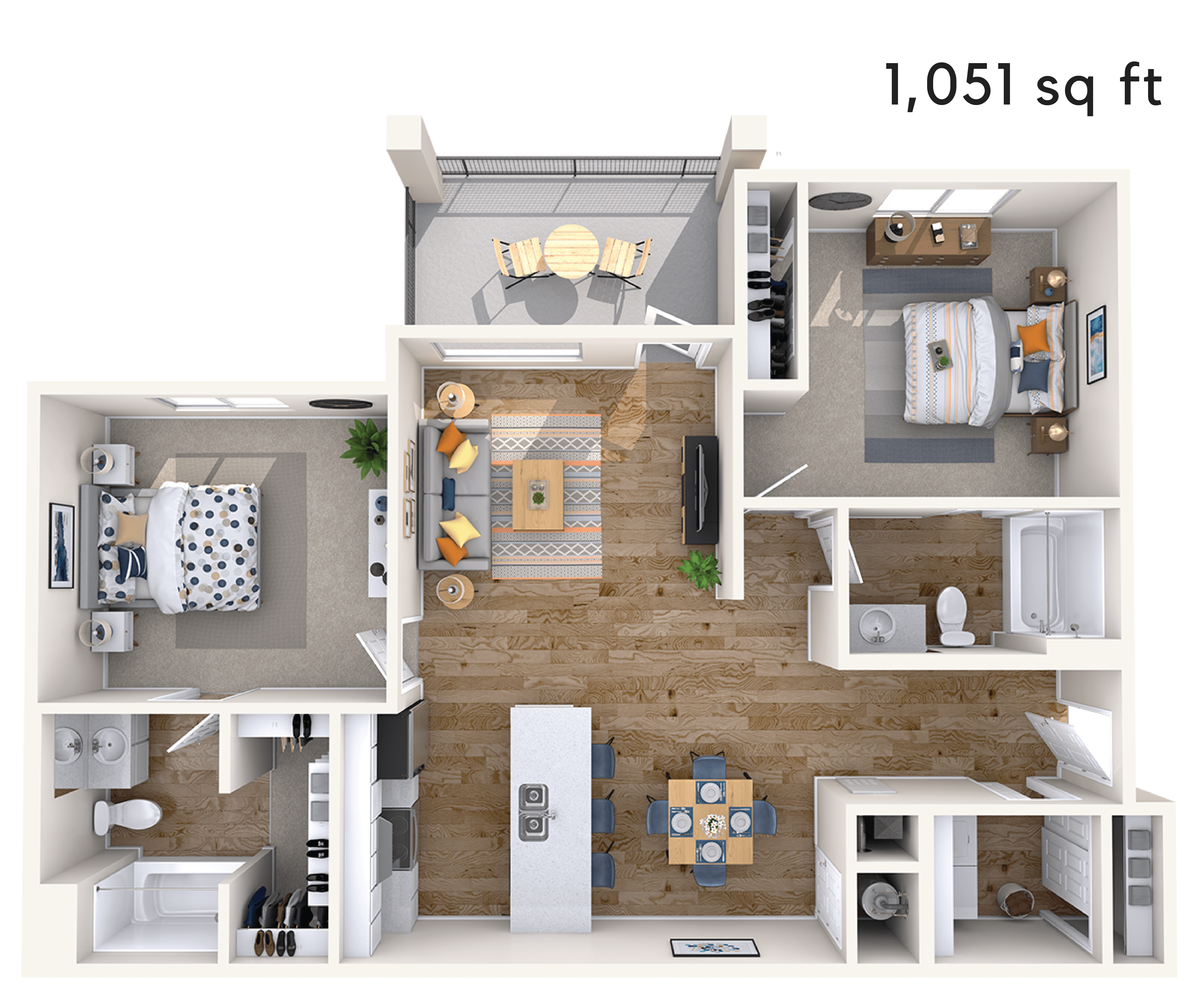 Floor plan for 2 beds, 2 baths, 1051 sqft