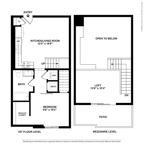 Floor plan for 1 bed, 1 bath, 645 sqft