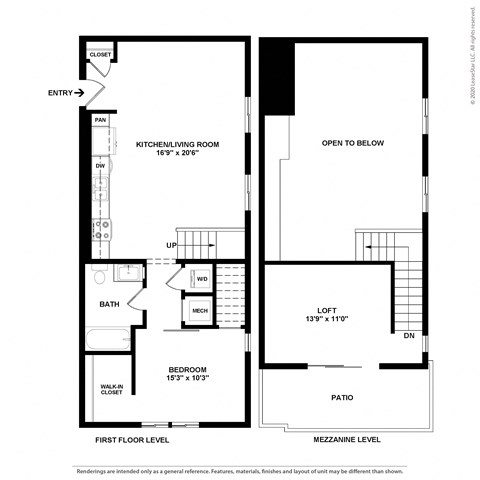 Floor plan for 1 bed, 1 bath, 785 sqft
