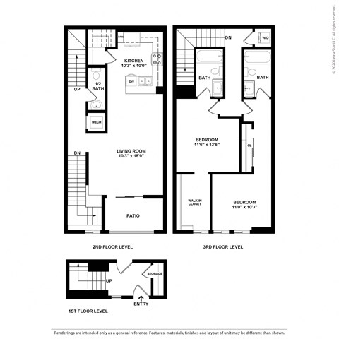 Floor plan for 2 beds, 2.5 baths, 1441 sqft