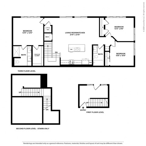 Floor plan for 3 beds, 2 baths, 1455 sqft