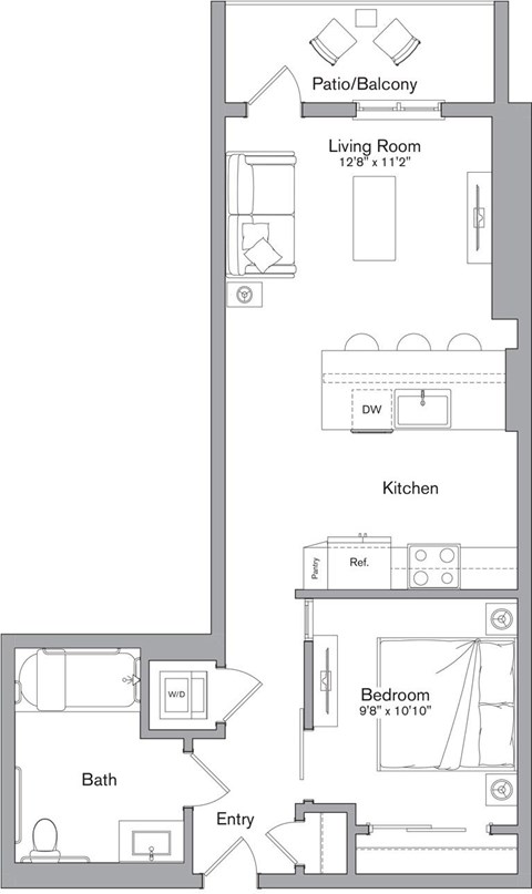 Floor plan for 1 bed, 1 bath, 658 sqft