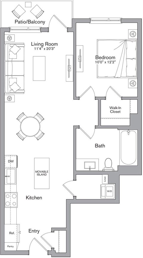 Floor plan for 1 bed, 1 bath, 748 sqft