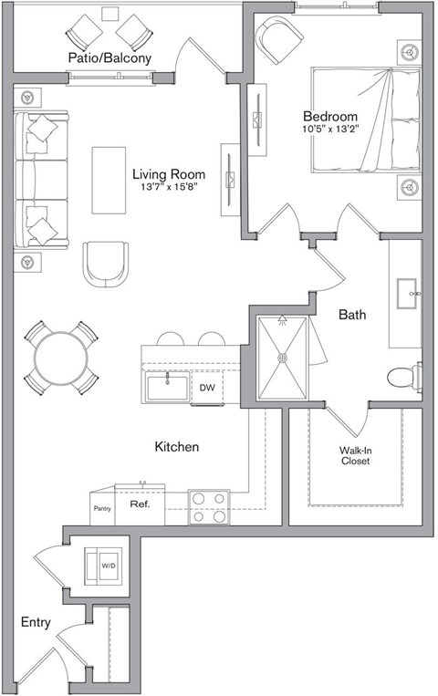 Floor plan for 1 bed, 1 bath, 866 sqft