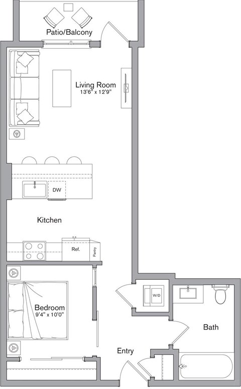 Floor plan for 1 bed, 1 bath, 682 sqft