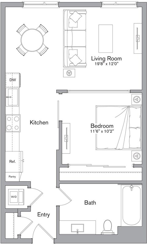 Floor plan for 1 bed, 1 bath, 706 sqft