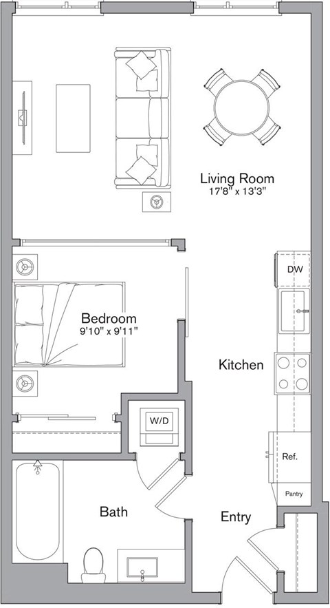 Floor plan for 1 bed, 1 bath, 706 sqft