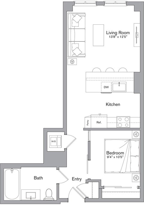 Floor plan for 1 bed, 1 bath, 648 sqft