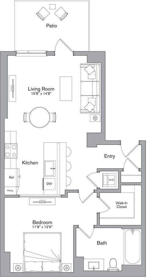 Floor plan for 1 bed, 1 bath, 819 sqft