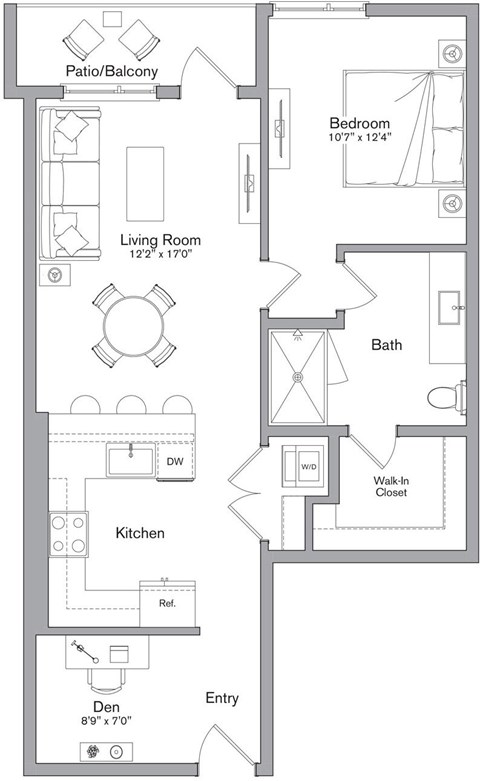 Floor plan for 1 bed, 1 bath, 807 sqft