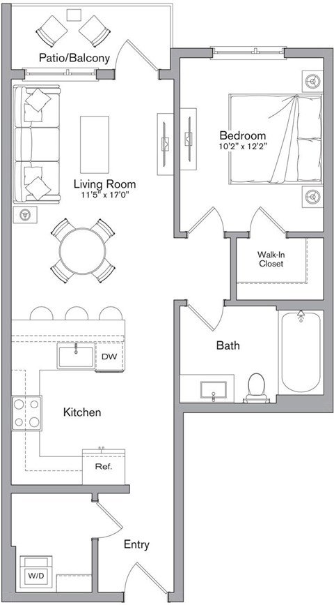 Floor plan for 1 bed, 1 bath, 725 sqft