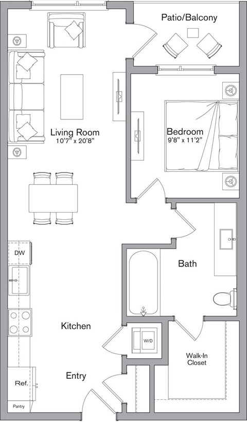 Floor plan for 1 bed, 1 bath, 748 sqft