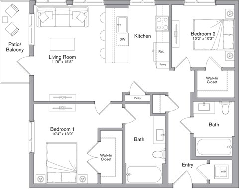 Floor plan for 2 beds, 2 baths, 1015 sqft