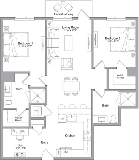 Floor plan for 2 beds, 2 baths, 1214 sqft