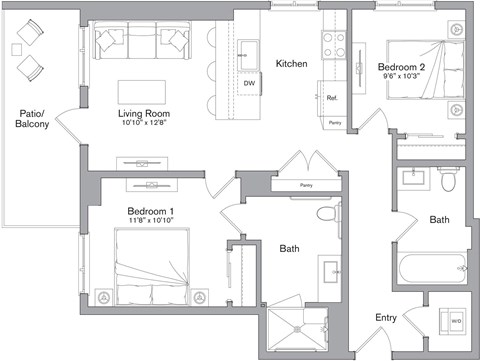 Floor plan for 2 beds, 2 baths, 983 sqft