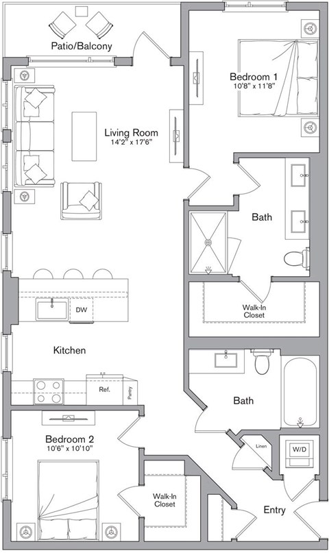 Floor plan for 2 beds, 2 baths, 1152 sqft
