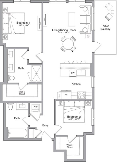 Floor plan for 2 beds, 2 baths, 1161 sqft