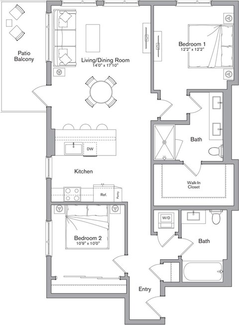Floor plan for 2 beds, 2 baths, 1096 sqft