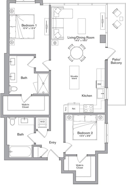 Floor plan for 2 beds, 2 baths, 1133 sqft