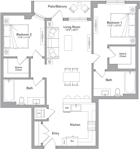 Floor plan for 2 beds, 2 baths, 1094 sqft