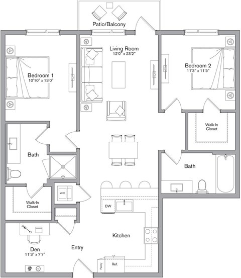 Floor plan for 2 beds, 2 baths, 1203 sqft