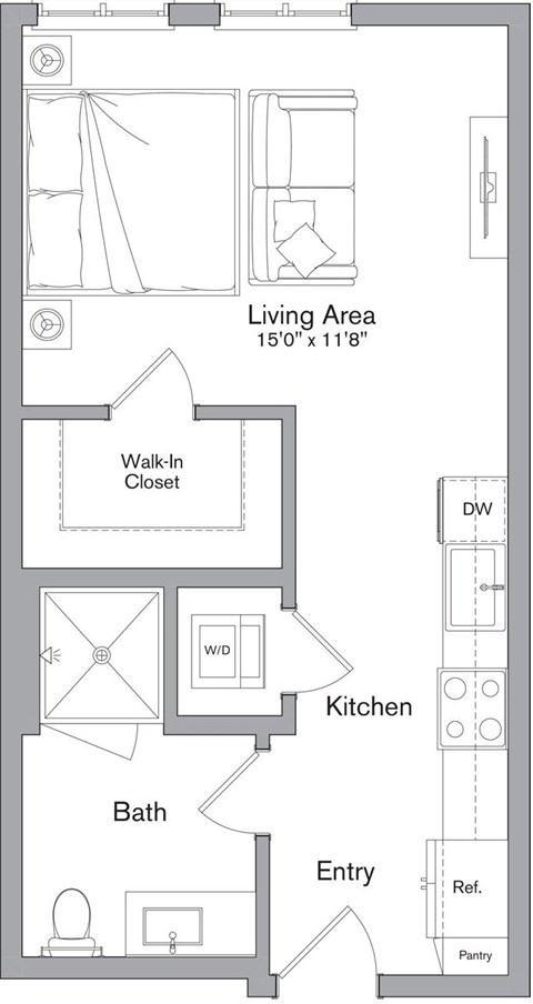 Floor plan for studio, 1 bath, 475 sqft
