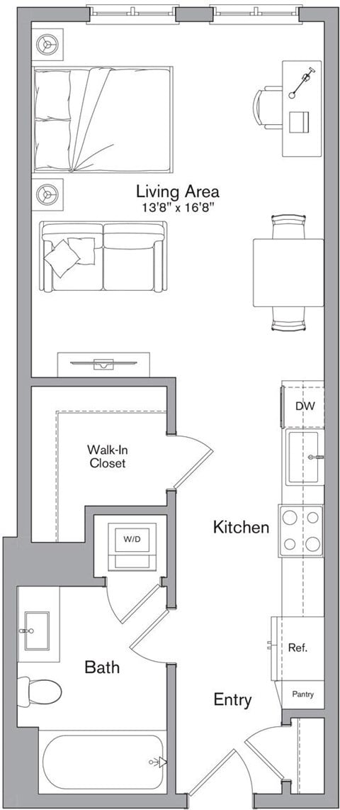 Floor plan for studio, 1 bath, 545 sqft