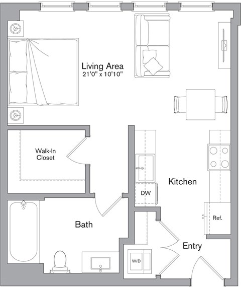 Floor plan for studio, 1 bath, 577 sqft