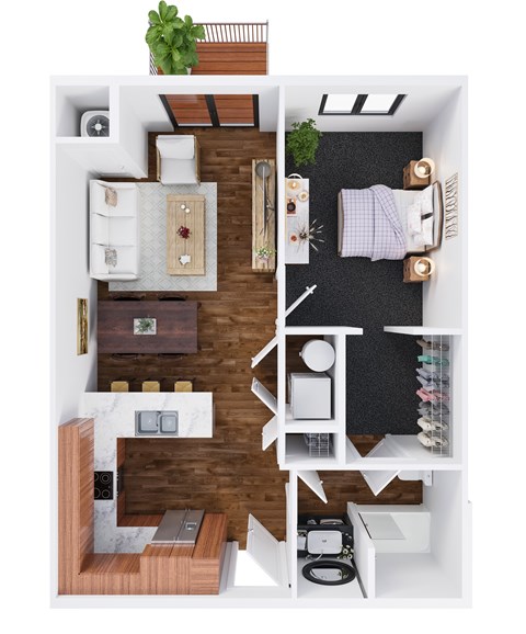 Floor plan for 1 bed, 1 bath, 733 sqft