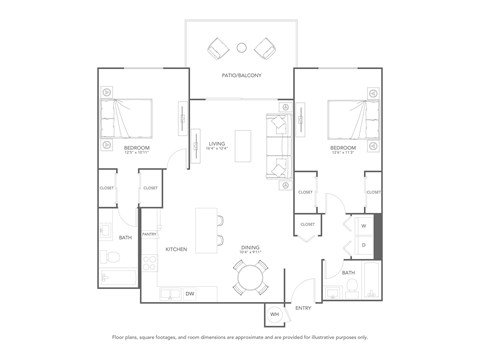 Floor plan for 2 beds, 2 baths, 1077 sqft