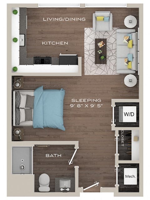 Floor plan for studio, 1 bath, 451 sqft