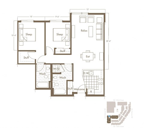 Floor plan for 2 beds, 2 baths, 931 sqft