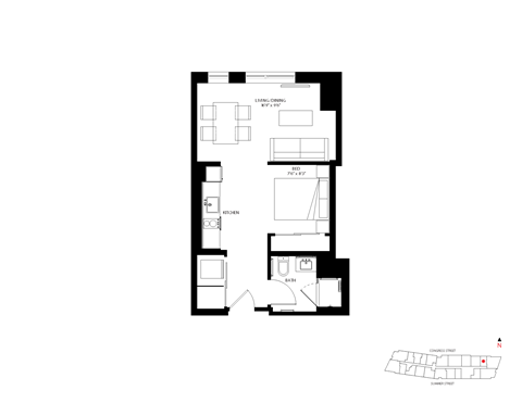 Floor plan for studio, 1 bath, 496 sqft