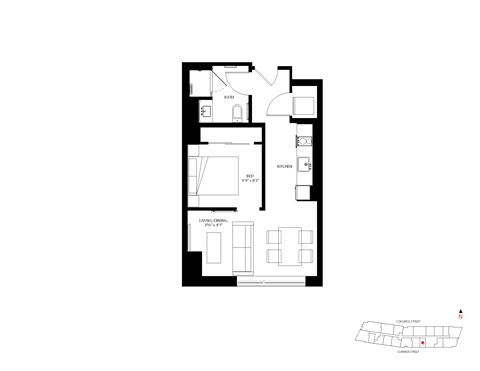 Floor plan for studio, 1 bath, 520 sqft