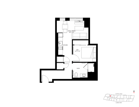 Floor plan for studio, 1 bath, 499 sqft