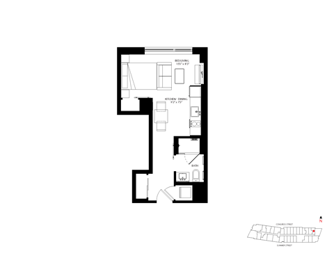 Floor plan for studio, 1 bath, 389 sqft